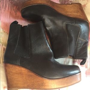 Kelsi Dagger Black Ankle Boots with Brown Wedge